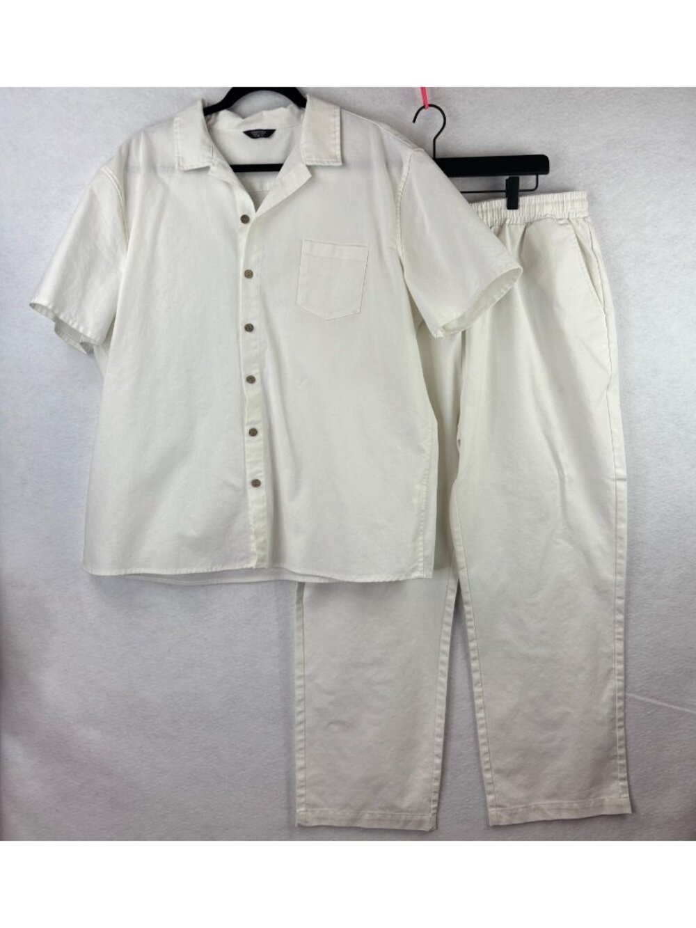 CooFandy 2 Piece Linen Blend Beach Outfit Mens Sz XL  Short Sleeve Pants White